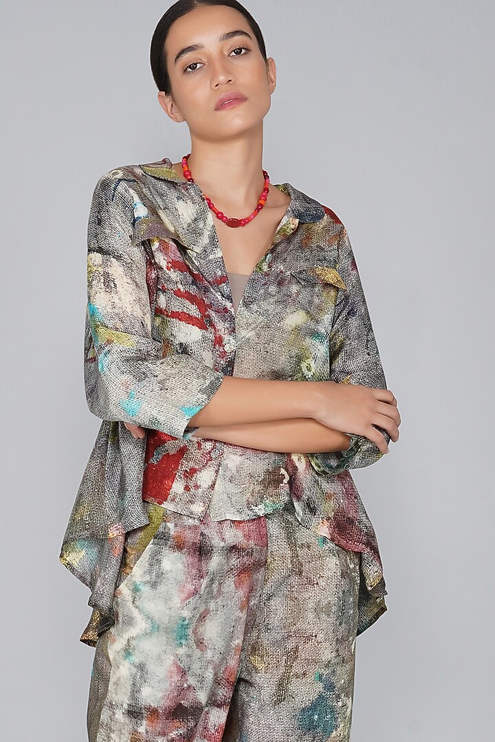 Grey Silk Printed Top by YAVI at Pernia's Pop Up Shop