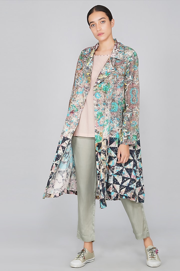 Grey Linen Printed Jacket by YAVI