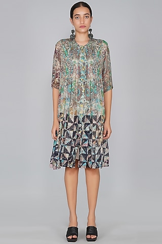 Grey Chanderi Printed Dress by YAVI