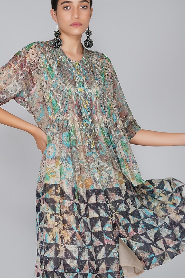 Grey Chanderi Printed Vacation Dress by YAVI at Pernia's Pop Up Shop