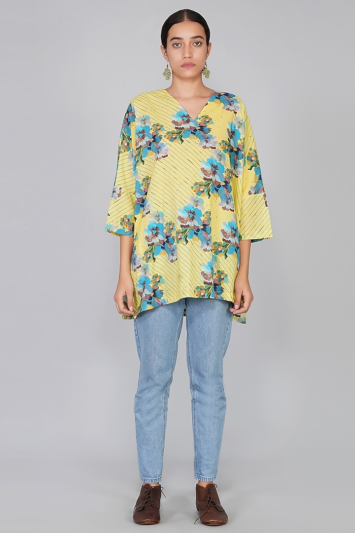 Yellow Floral Printed Top by YAVI