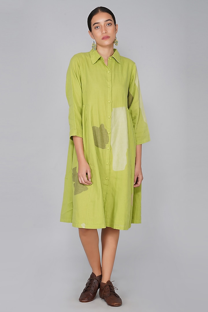 Green Button Down Gathered Summer Shirt Dress by YAVI at Pernia's Pop Up Shop