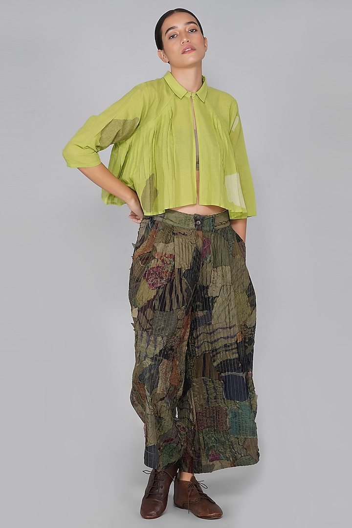 Green Front Open Pleated Short Shrug by YAVI