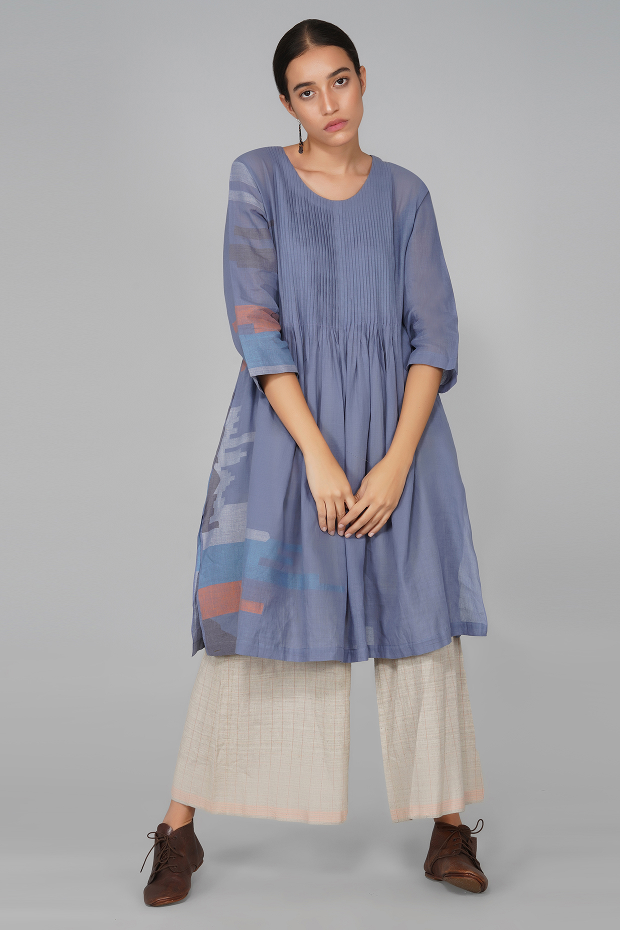 Violet Cotton Jamdani Gathered Tunic by YAVI