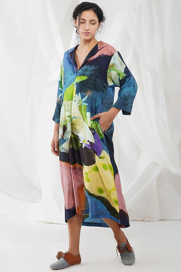 Multi-Colored Silk Printed Midi Dress by YAVI