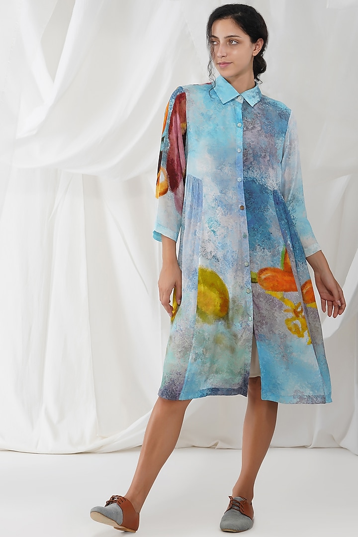 Powder Blue Moss Crepe Midi Dress by YAVI
