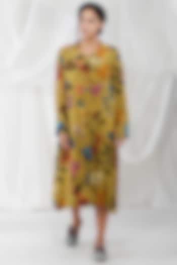 Mustard Moss Crepe Printed Midi Dress by YAVI