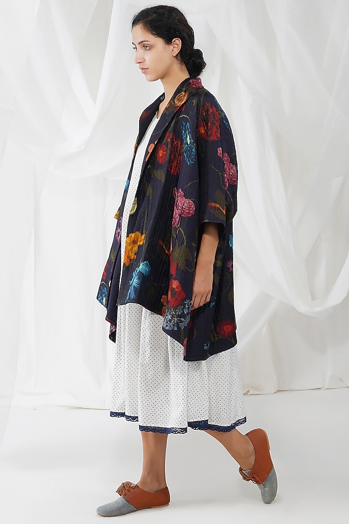 Black Silk Printed Kimono Jacket by YAVI