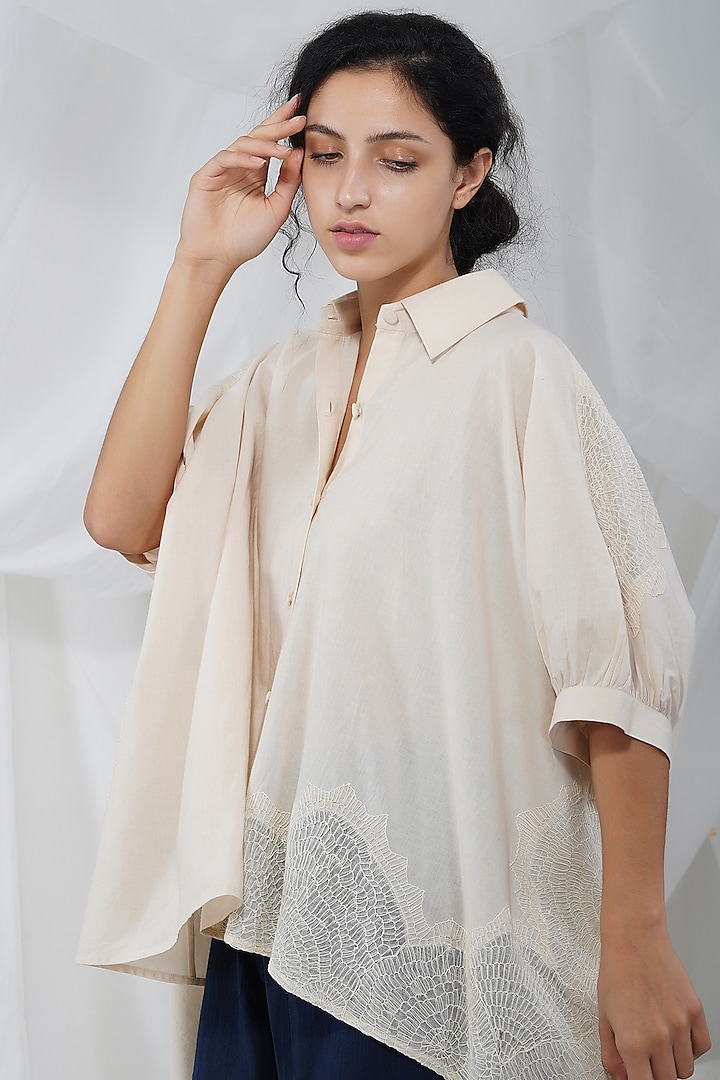 White Cotton Hand Embroidered Shirt by YAVI