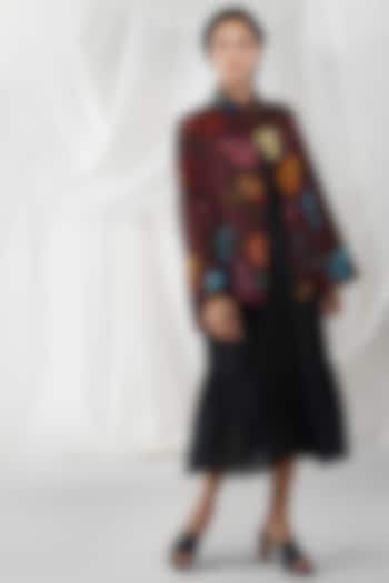 Maroon Silk Floral Printed Jacket by YAVI
