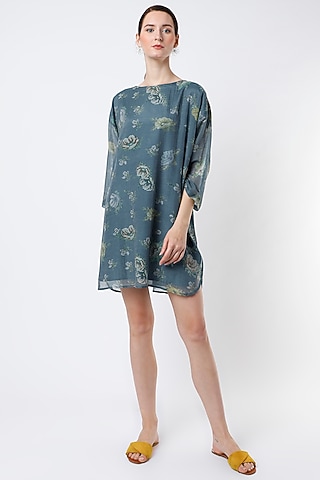 Cobalt Blue Printed Mini Dress by YAVI