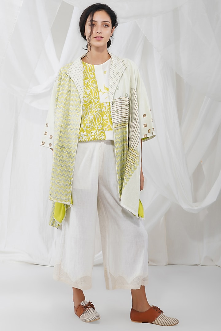 White & Yellow Khadi Printed Jacket by YAVI