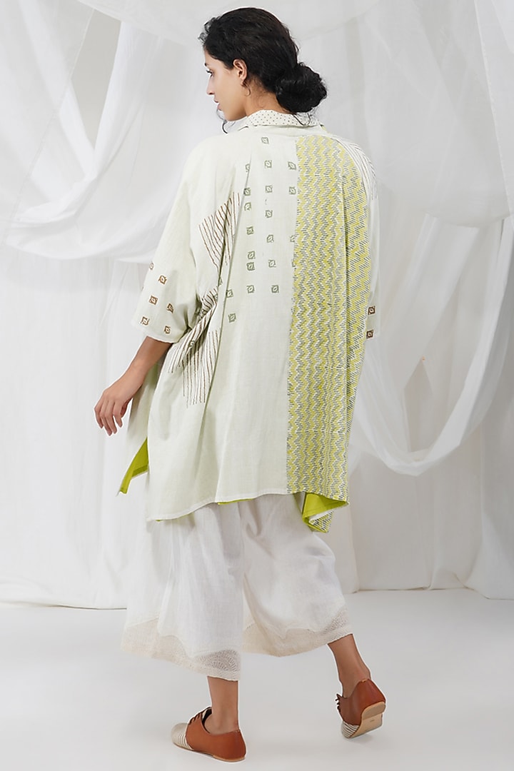 White & Yellow Khadi Printed Jacket by YAVI at Pernia's Pop Up Shop