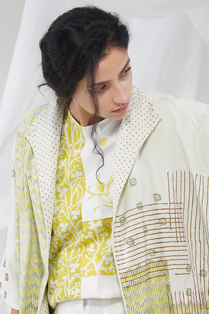 White & Yellow Khadi Printed Jacket by YAVI at Pernia's Pop Up Shop