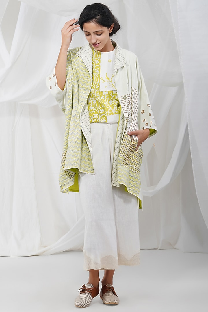 White & Yellow Khadi Printed Jacket by YAVI at Pernia's Pop Up Shop