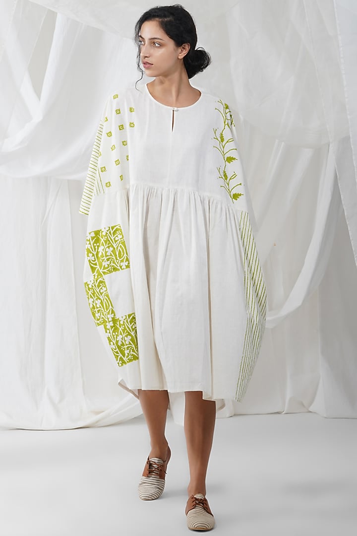 White & Yellow Khadi Printed Summer Dress by YAVI at Pernia's Pop Up Shop