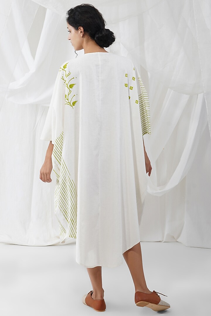 White & Yellow Khadi Printed Summer Dress by YAVI at Pernia's Pop Up Shop