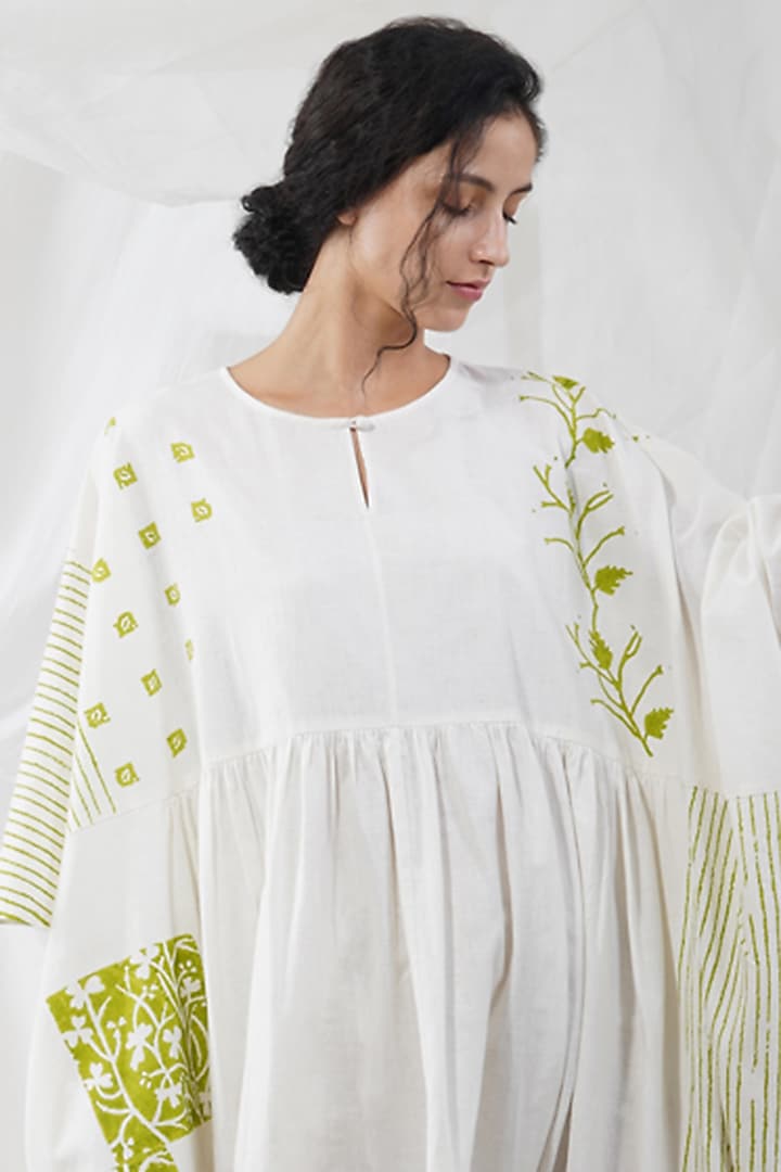 White & Yellow Khadi Printed Summer Dress by YAVI at Pernia's Pop Up Shop