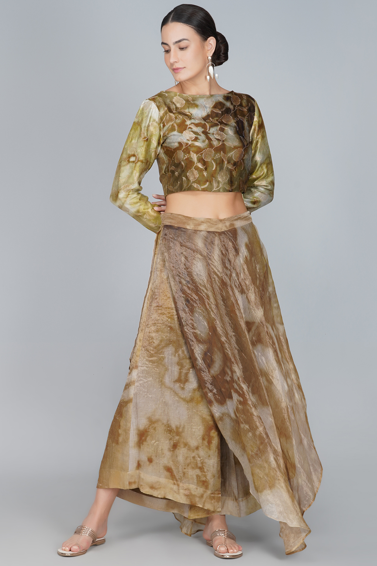 Yellow & Copper Digital Printed Skirt by YAVI