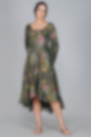 Emerald Green & Grey Digital Printed Vacation Dress by YAVI at Pernia's Pop Up Shop