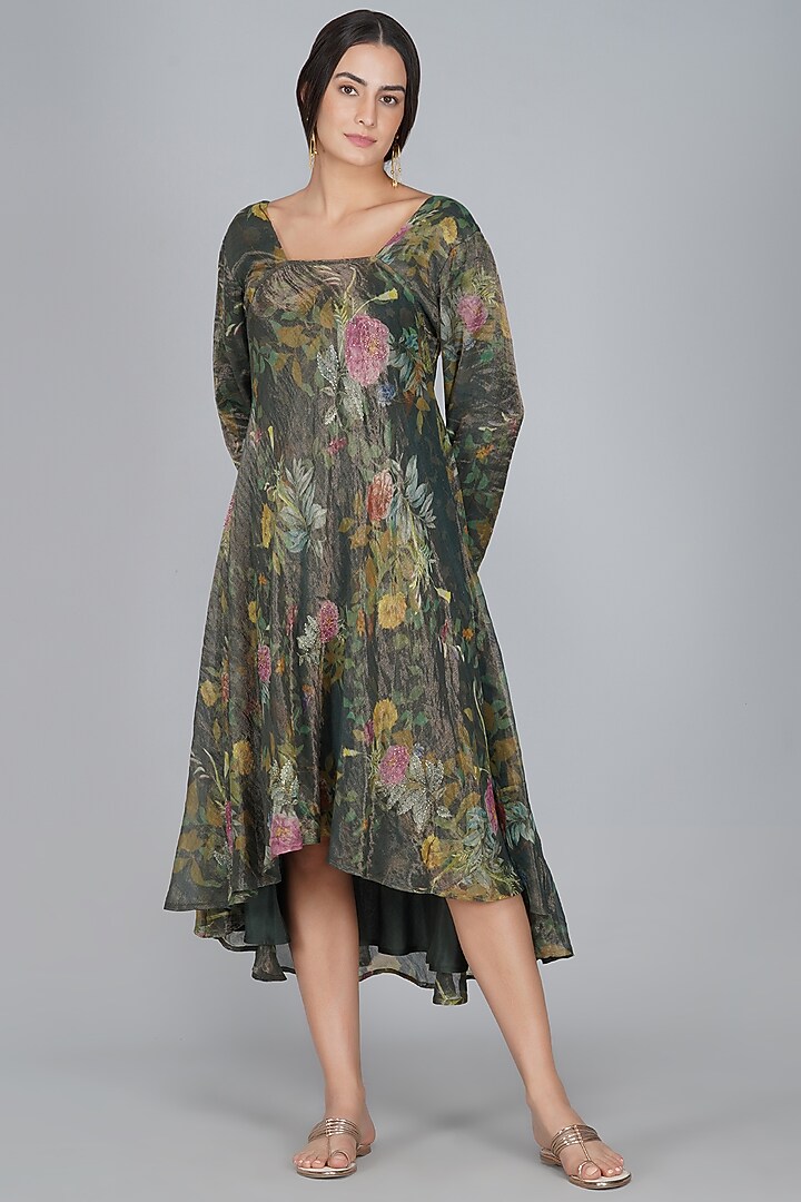 Emerald Green & Grey Digital Printed Vacation Dress by YAVI at Pernia's Pop Up Shop