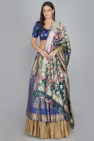 Cobalt Blue & Gold Printed Handwoven Lehenga by YAVI