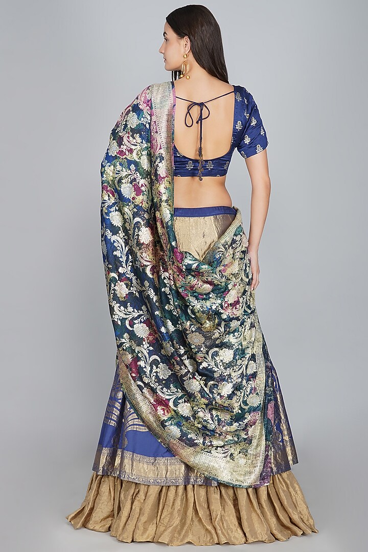 Cobalt Blue & Gold Printed Handwoven Wedding Lehenga by YAVI at Pernia's Pop Up Shop