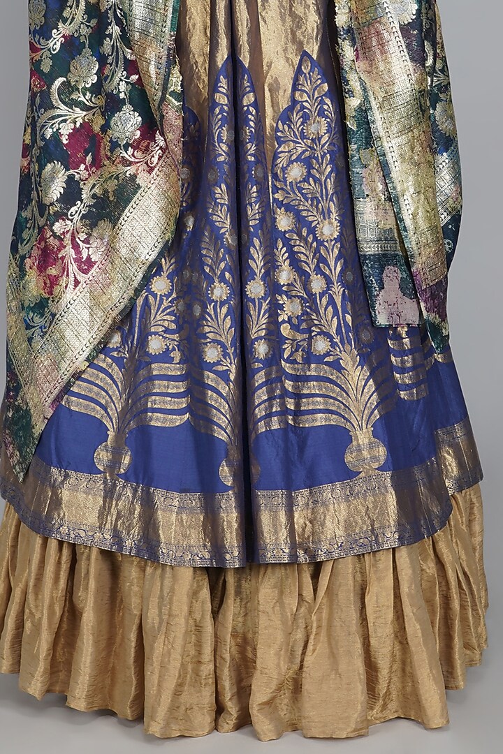 Cobalt Blue & Gold Printed Handwoven Wedding Lehenga by YAVI at Pernia's Pop Up Shop