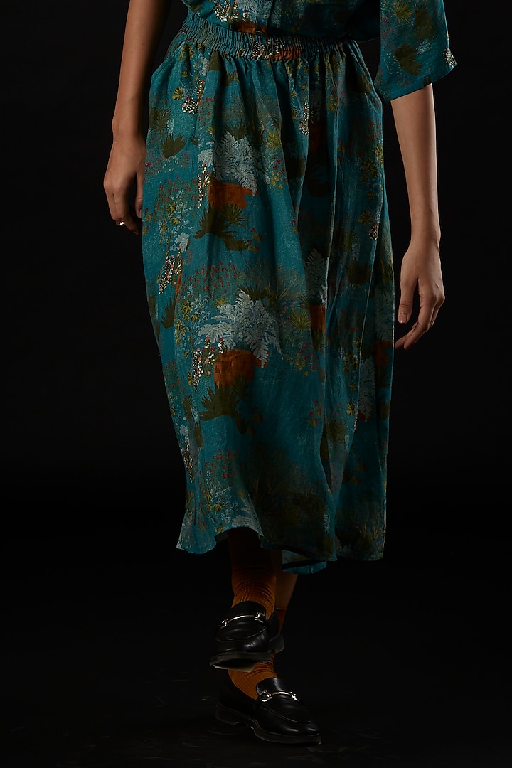 Teal Viscose Linen Printed Skirt by YAVI