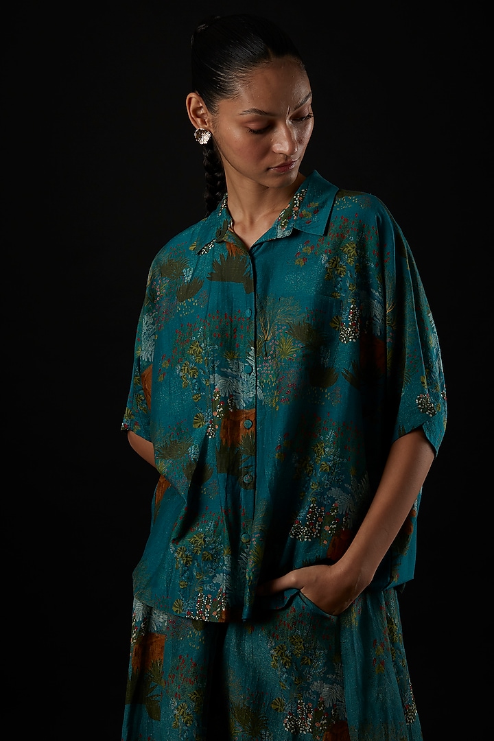 Teal Cotton Silk Printed Shirt by YAVI