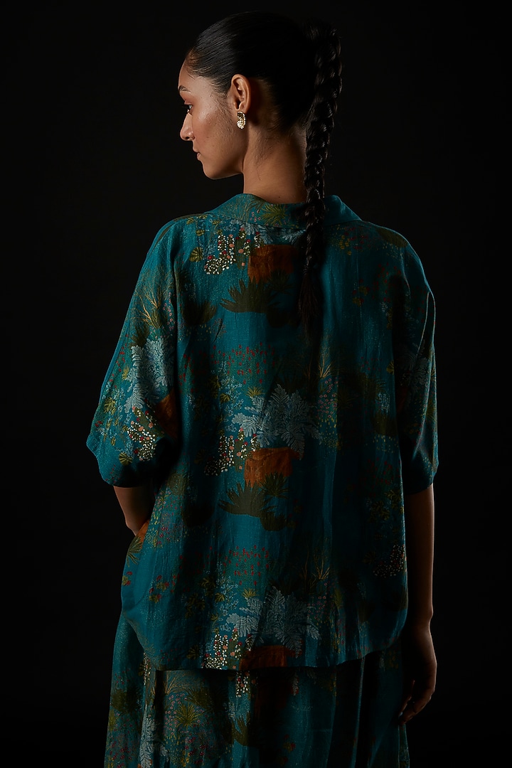Teal Cotton Silk Printed Shirt by YAVI at Pernia's Pop Up Shop