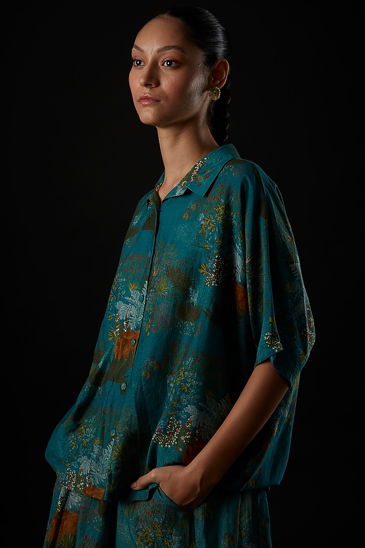 Teal Cotton Silk Printed Shirt by YAVI at Pernia's Pop Up Shop