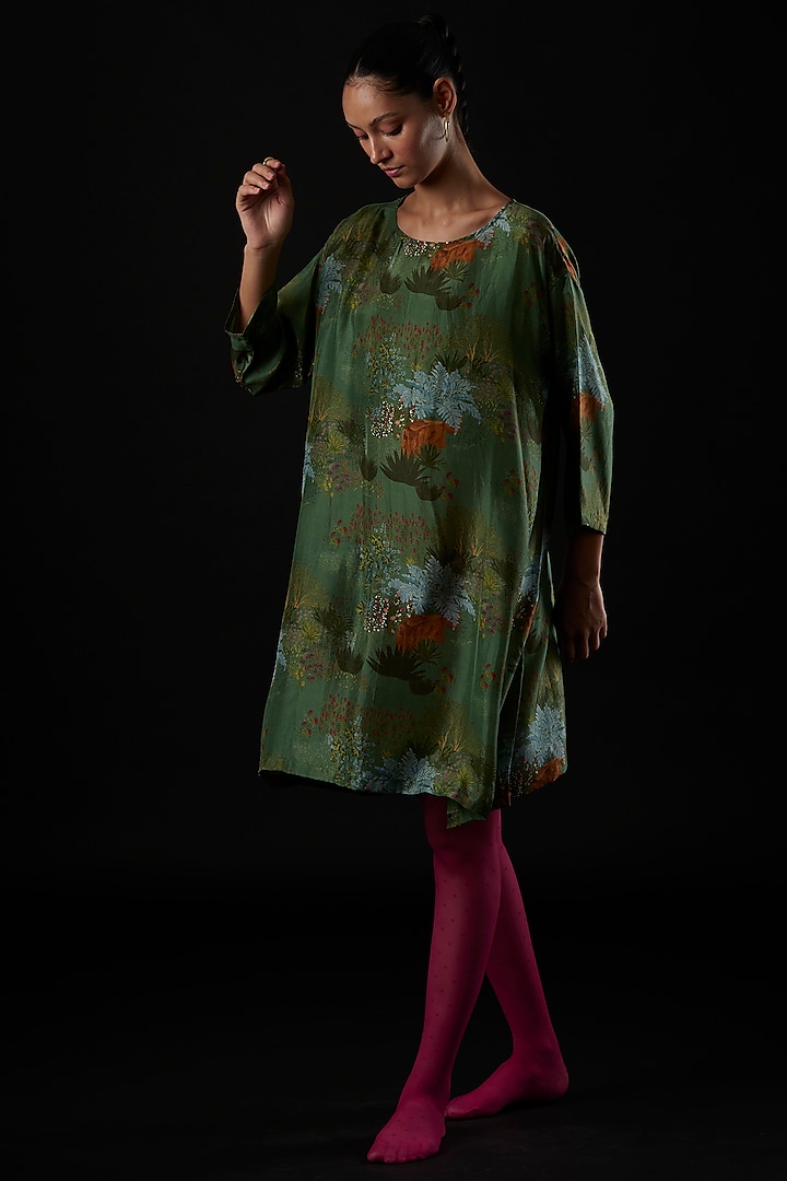 Emerald Silk Printed Dress by YAVI