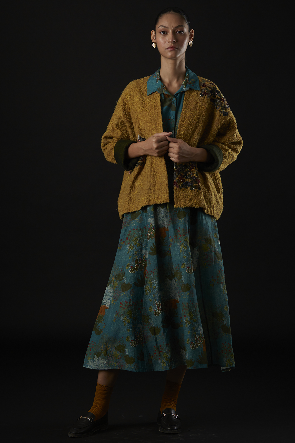Mustard Embroidered Jacket by YAVI
