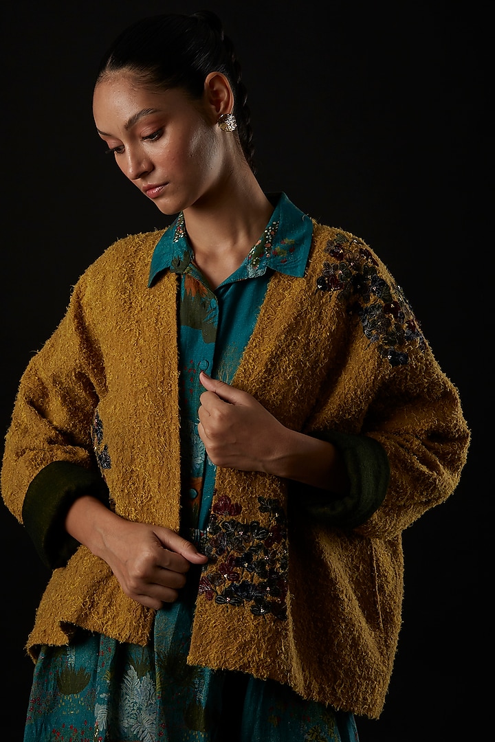 Mustard Embroidered Jacket by YAVI