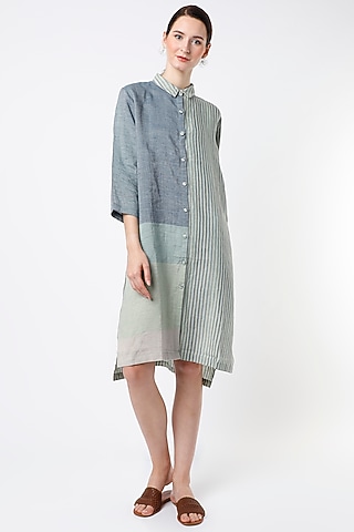 Dull Blue Handwoven Shirt Dress by YAVI