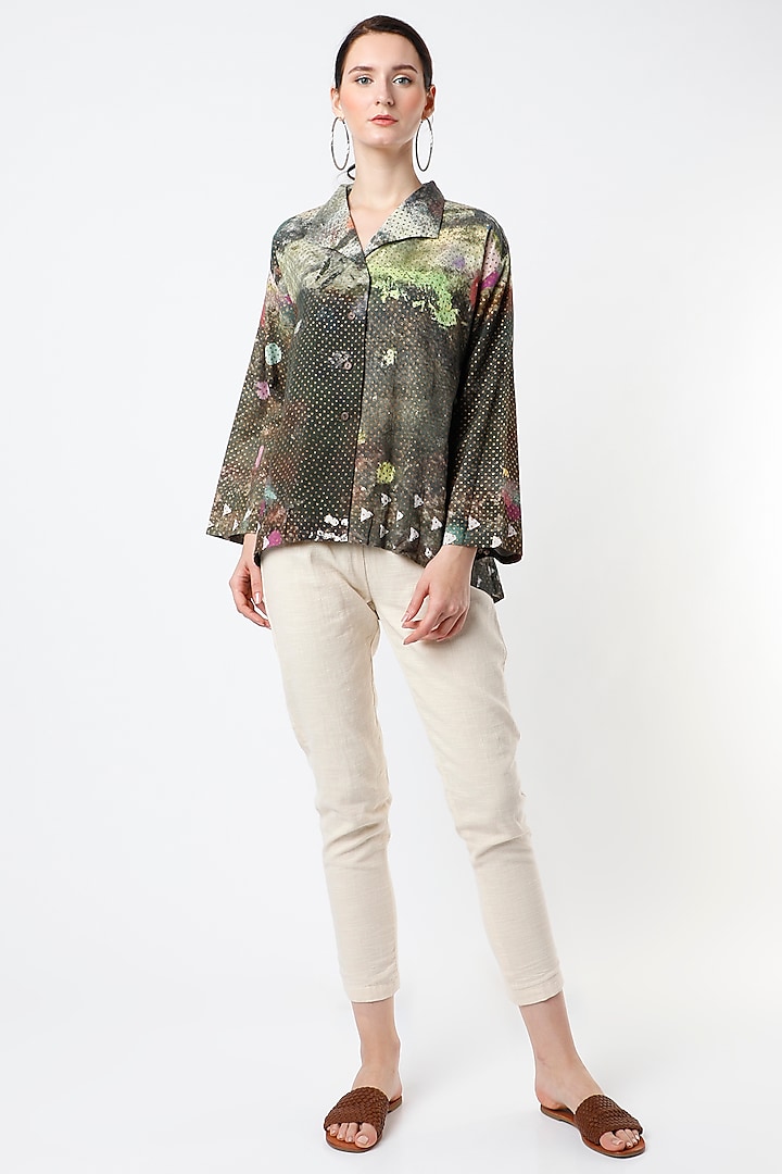 Olive Green Printed Jacket by YAVI at Pernia's Pop Up Shop