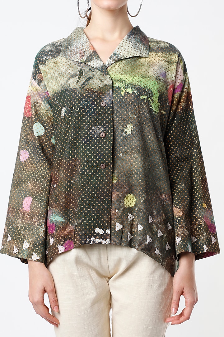 Olive Green Printed Jacket by YAVI at Pernia's Pop Up Shop