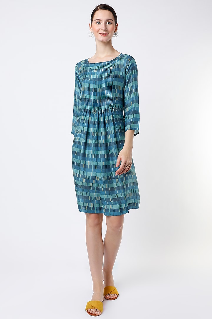 Sky Blue Silk Striped Dress by YAVI