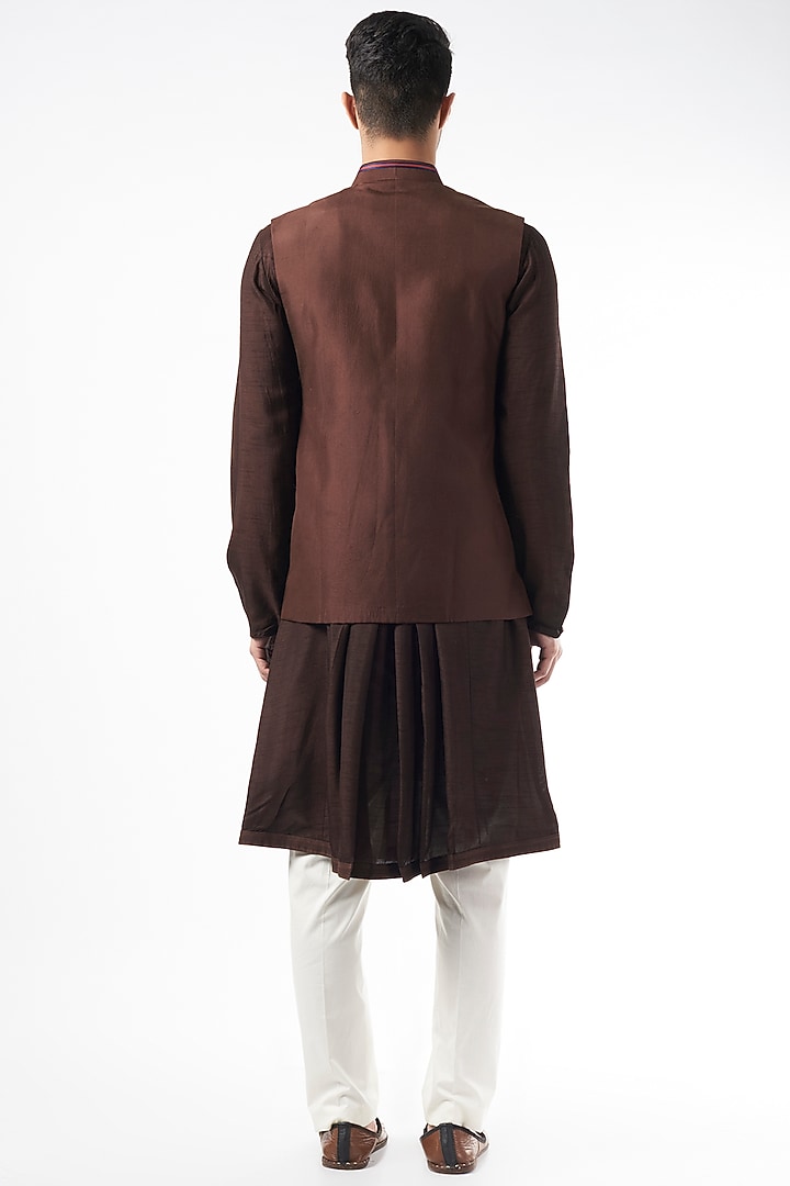 Brown & Blue Silk Bundi Jacket by YAJY By Aditya Jain at Pernia's Pop Up Shop