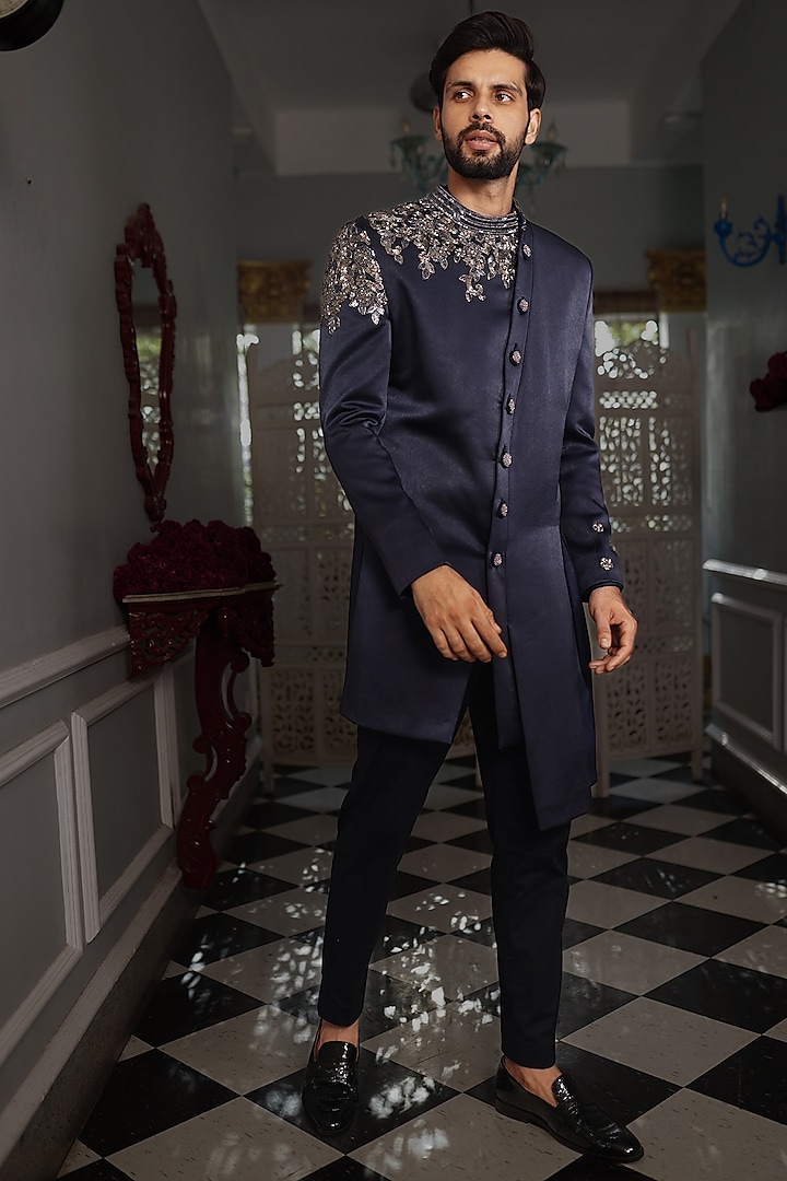 Blue Embroidered Indo Western Set by YAJY By Aditya Jain