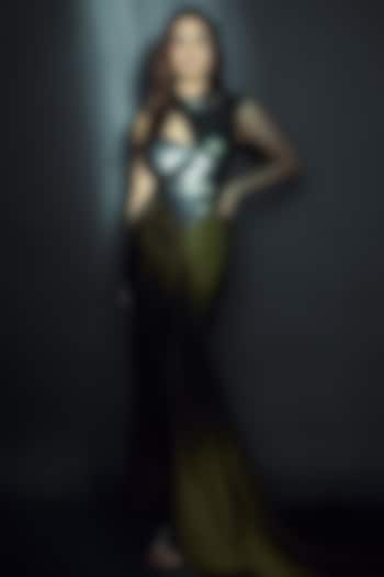 Olive Green Metallic Crinkled Chiffon Party Wear Dress by Amit Aggarwal at Pernia's Pop Up Shop