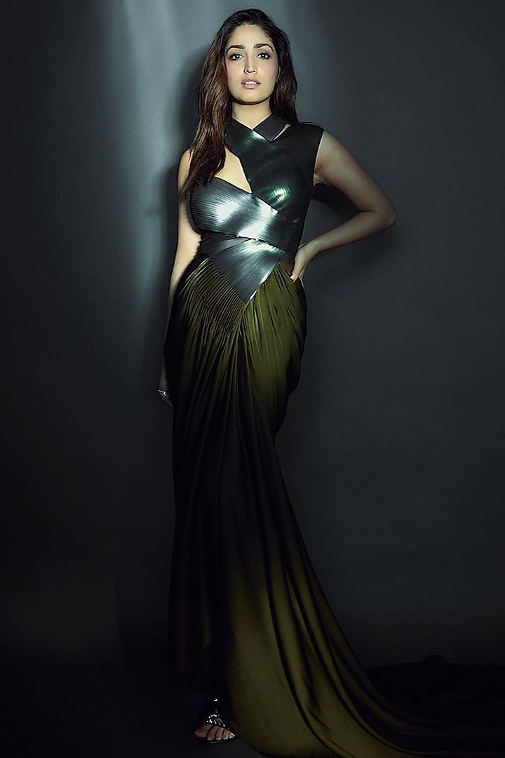 Olive Green Metallic Crinkled Chiffon Dress by Amit Aggarwal