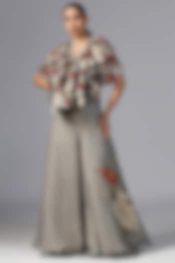 Dull Blue Chiffon Printed Pant Set by Yashodhara at Pernia's Pop Up Shop