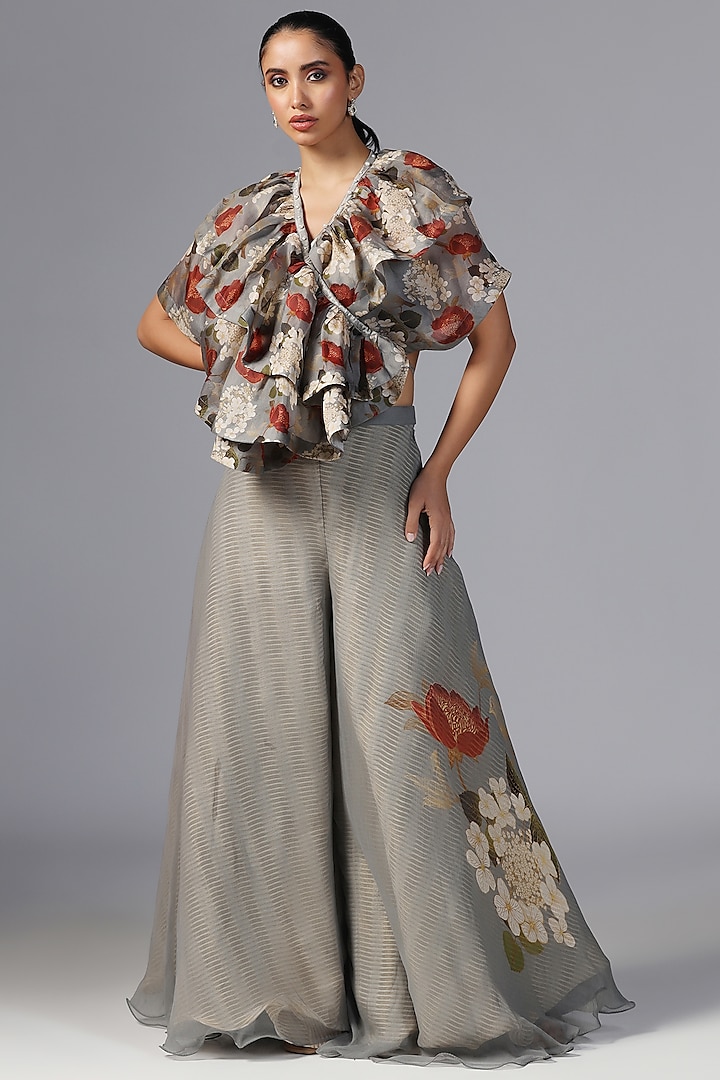 Dull Blue Chiffon Printed Pant Set by Yashodhara at Pernia's Pop Up Shop