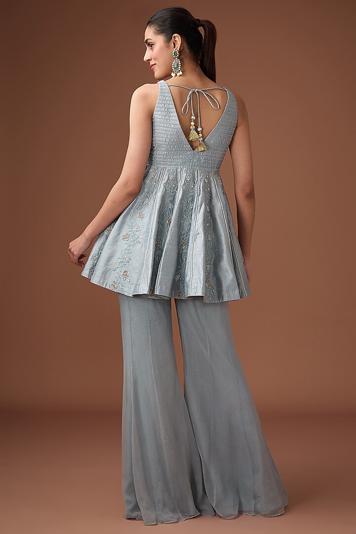 Dull Blue Raw Silk Embroidered Kali Kurta Set by Yashodhara at Pernia's Pop Up Shop