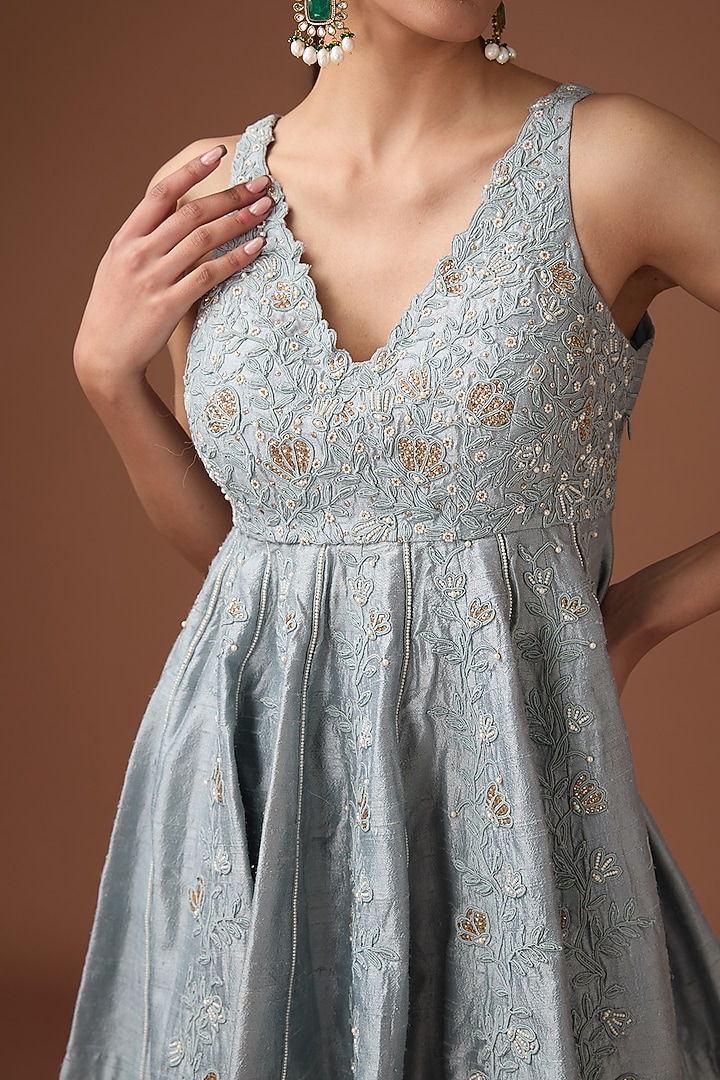 Dull Blue Raw Silk Embroidered Kali Kurta Set by Yashodhara at Pernia's Pop Up Shop