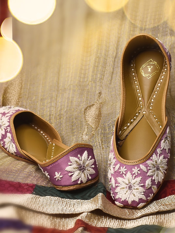 Pink Raw Silk Bead & Chikankari Embroidered Juttis by YASSIO at Pernia's Pop Up Shop