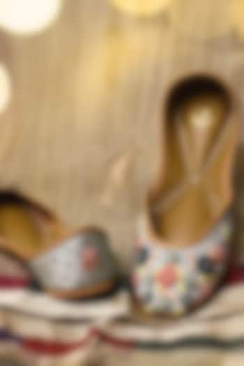 Sea Green Raw Silk Floral Thread & Bead Embroidered Juttis by YASSIO at Pernia's Pop Up Shop