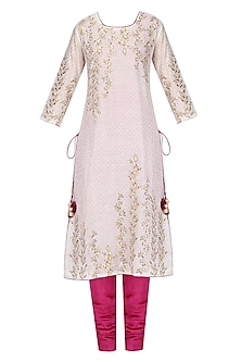 Off white and violet embroidered kurta set available only at Pernia's ...